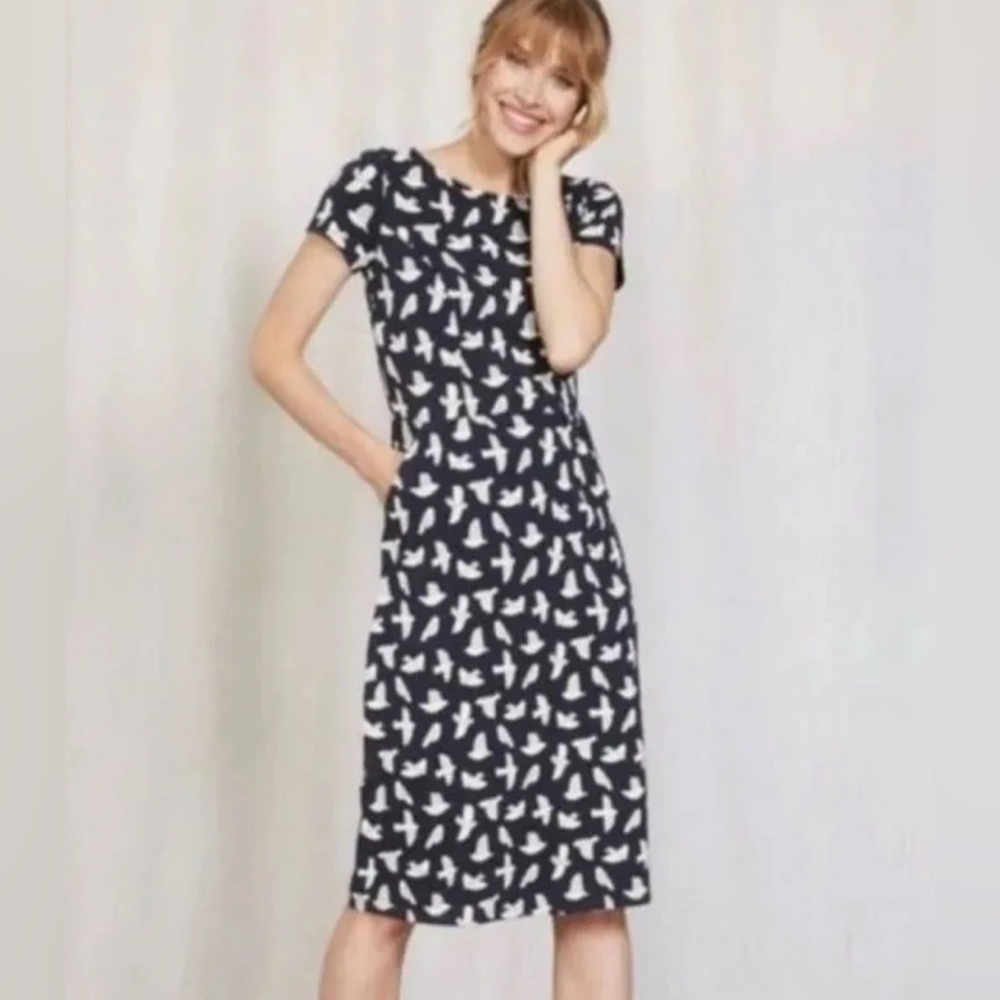 Boden Navy and White Bird Print Midi Dress